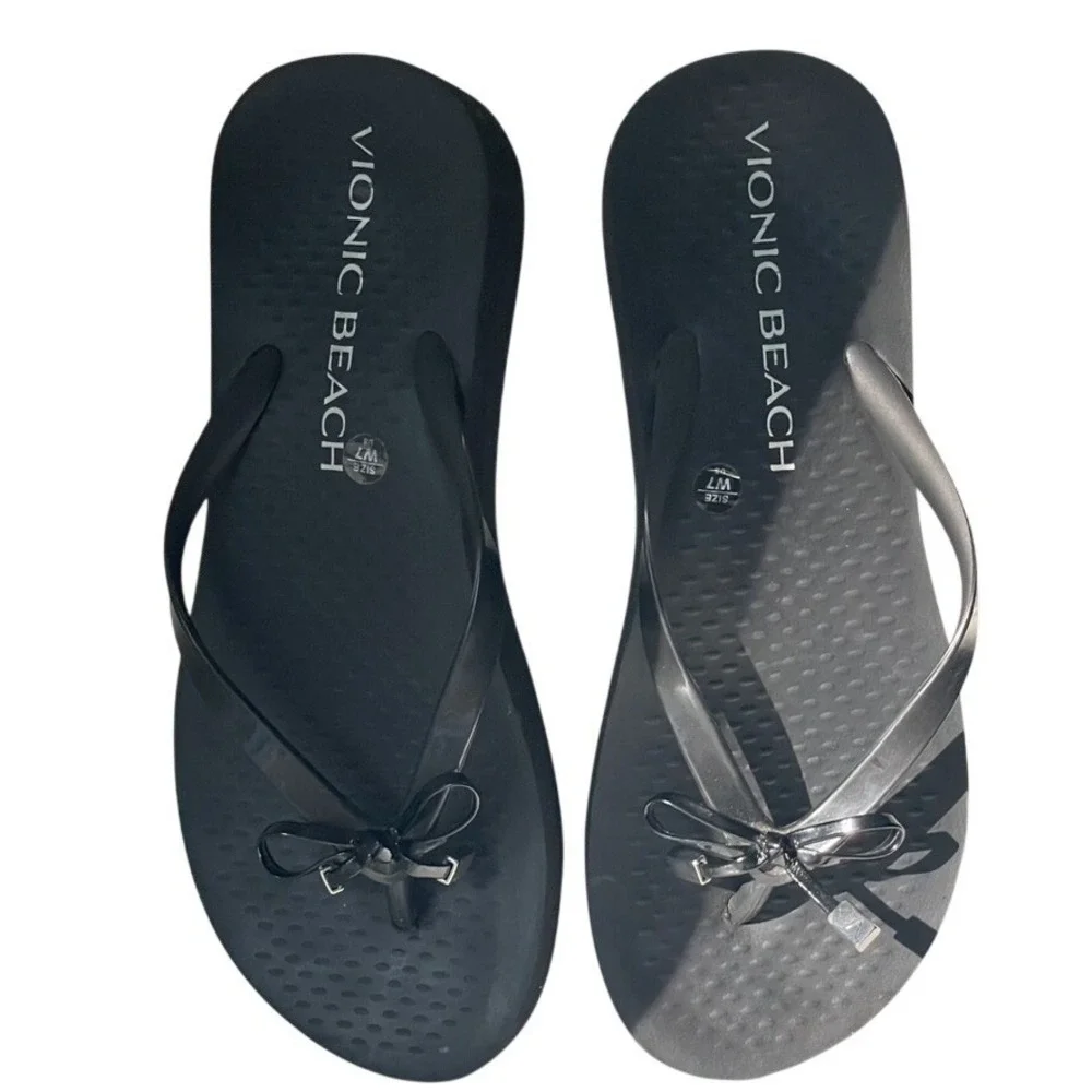Vionic Beach Bondi Bow Wedge Toe Post Sandals Women's 7 Black
